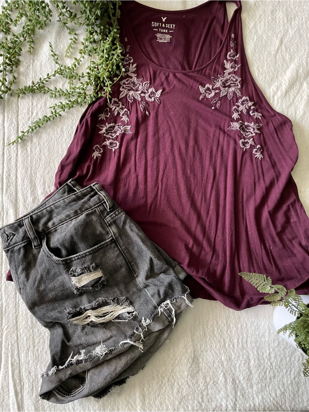 American Eagle Outfitters Burgundy Floral Embroidered Tank